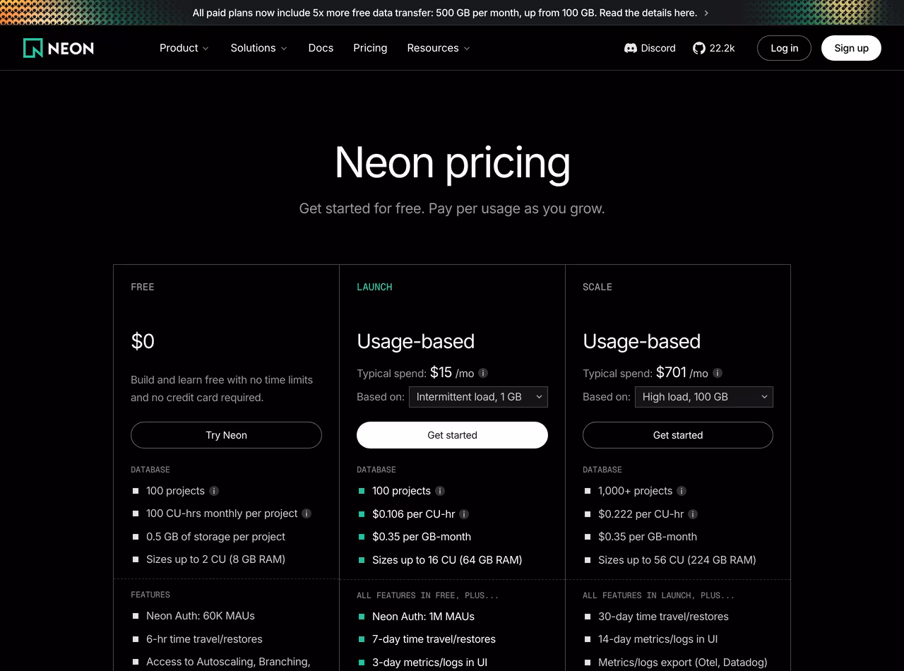 Neon pricing, June 2026