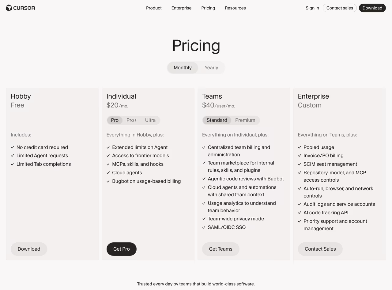 Cursor pricing, June 2026