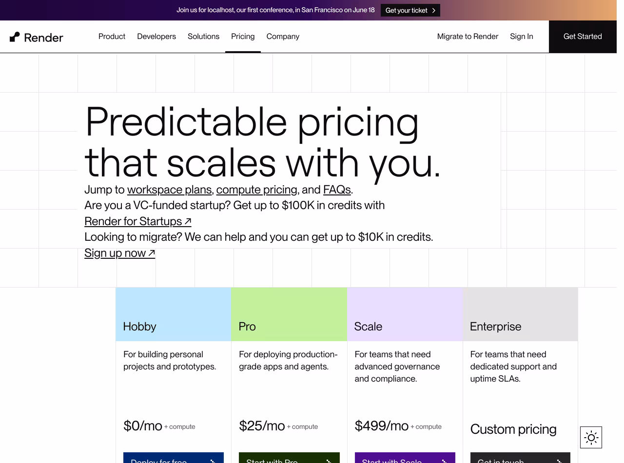 Render pricing, June 2026