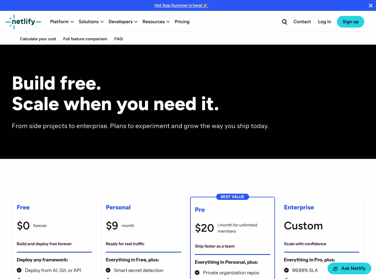 Netlify pricing, June 2026